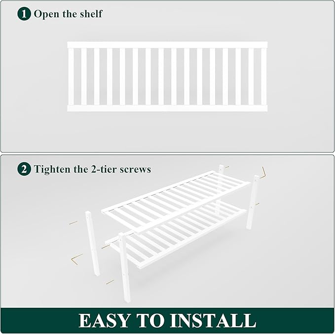 Smiry Long Bamboo Shoe Rack, 2 Tier Free Standing Wooden Shoe Organizer, Stackable Wood Shoe Storage Shelf for Closet, Entryway, 12 Vertical Slats, One-piece Standard Legs, 33.7"x11"x13", White