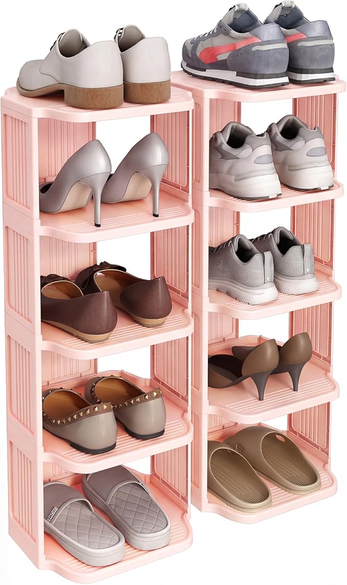 10-Tier Vertical Plastic Shoe Rack, Pink