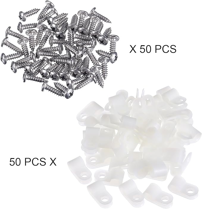 Hicarer 50 Pack R-Type Cable Clip Wire Clamp, Nylon Screw Mounting Cord Fastener Clips with 50 Pack Screws for Wire Management (White,1/4 Inch)