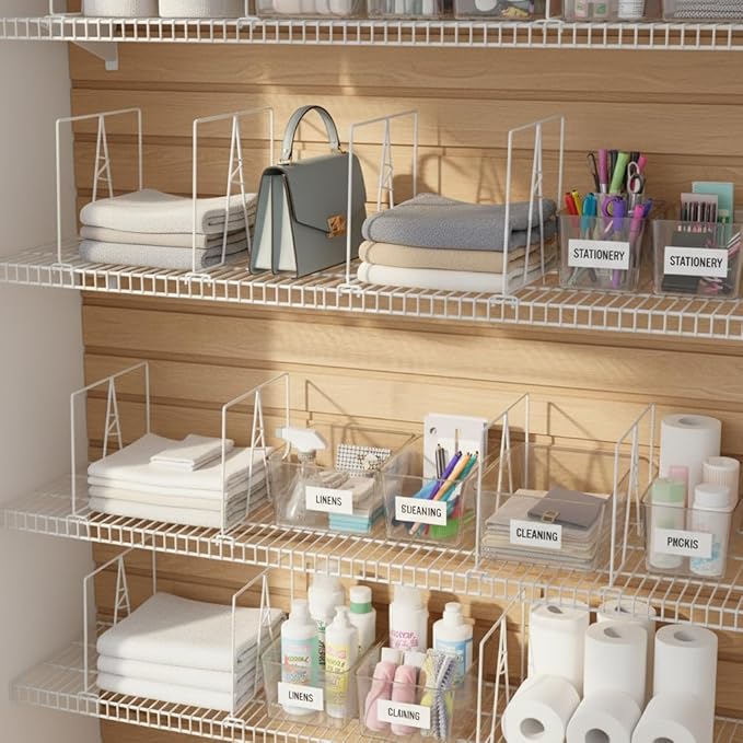Wire Shelf Dividers - White Closet Organization & Storage Organizer - No Tool Shelf Divider for Wire Shelves - Metal Shelf Accessories – for 12“ Deep Wire Shelves – Tall 12” Height – 20 Pack
