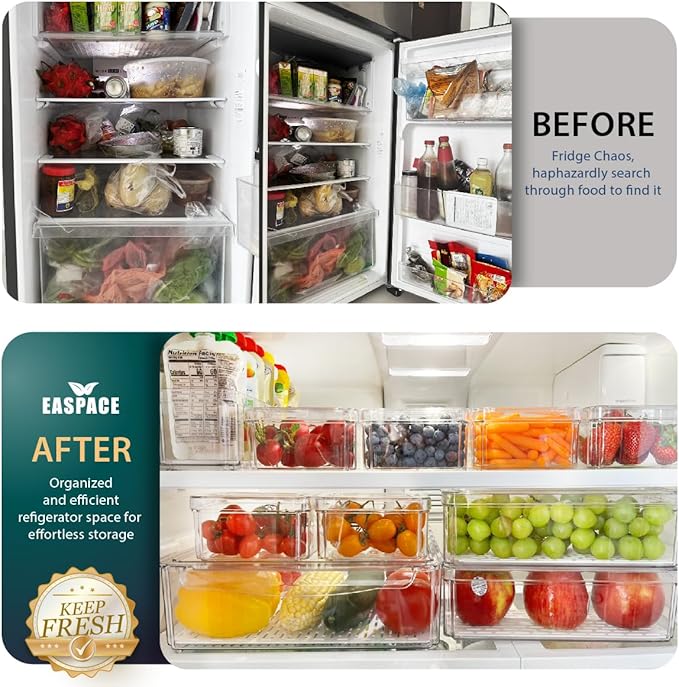 Fridge Organizer Bins with Drawer, 10-Pack Clear Stackable Container Set, BPA-Free Plastic Refrigerator Storage Containers for Food, Fruits, Vegetables, Meats, Salads (Multi-Purpose)