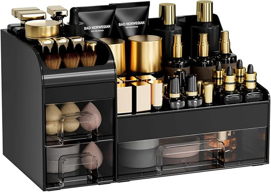 Makeup Organizer with Drawers, Large Cosmetic Storage Box, Black transparent