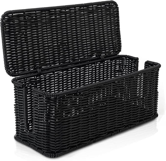 Cable Management Box, Handmade Rattan Cable Organizer with 2 Open Slots, Black