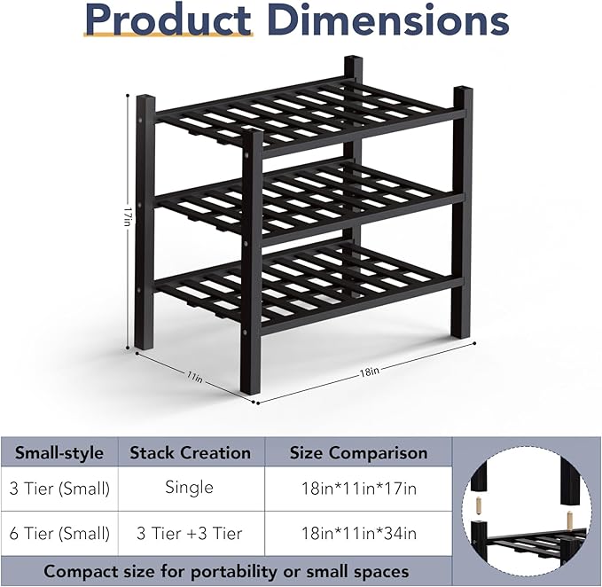 Haddockway Small 3 Tier Bamboo Shoe Rack Storage Organizer, Multifunctional Free Standing Stackable Shoe Shelf with Grid Panel for Closet,Hallway,Entryway,Small Space 18"x11"x17"
