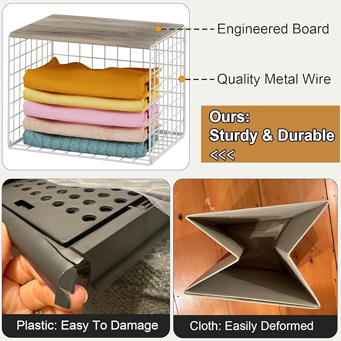 Closet Organizers And Storage Shelf, 3Pack Stackable Closet Storage Bin Basket For Clothes Sweaters With Top Board, Widened Opening, Heightened Height, Large Capacity Sturdy Clothing Storage Organizer