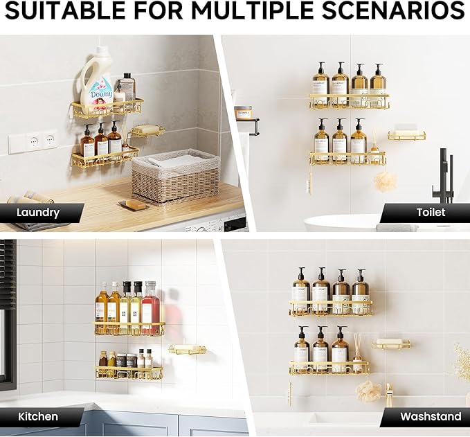 Shower Caddy, 3 Pack Shower Shelves for Inside Bathroom, Rustproof Adhesive Bathroom Organizer with Soap Holder, No Drilling Washroom Organizers and Storage for Bathtub Room/Kitchen/Home, Gold