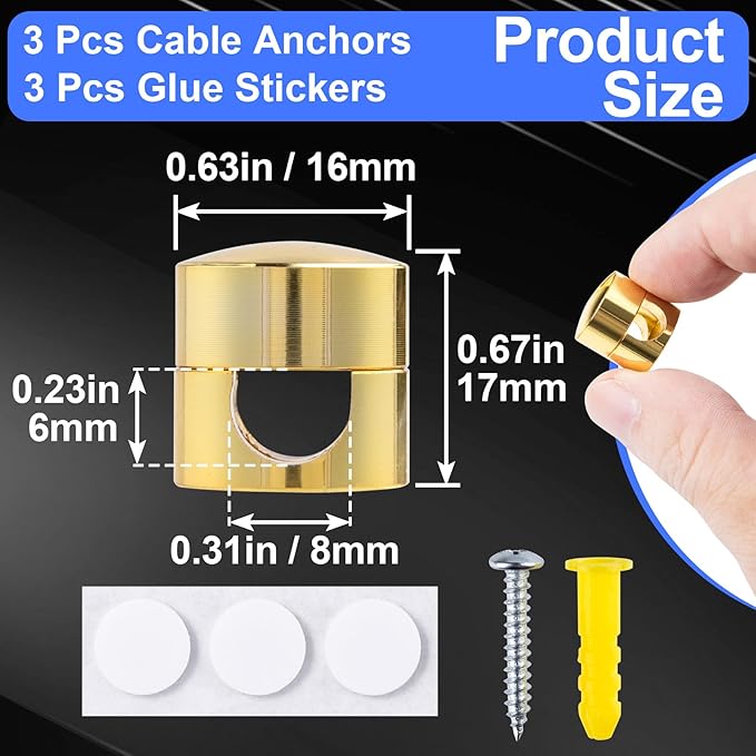 SmallCat 3 Sets Charger Holders for Cords, Gold Adjustable Cable Anchor Holders, Adhesive Metal Cord Clips, Cable Management Wire Organizers for Desk, Office, Nightstand