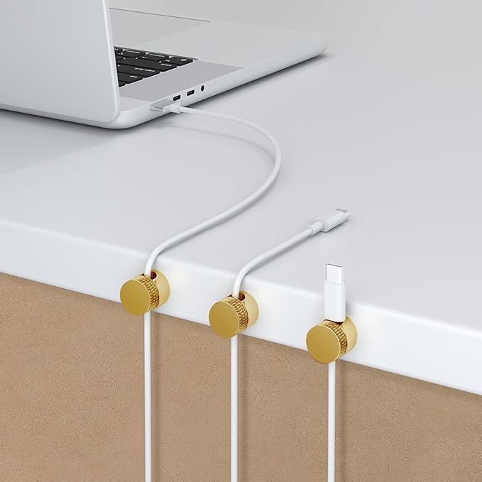 3PCS Premium Cord Holder for Nightstand, Computer Cord Organizer for Desk, Appliance Cord Organizers, Stick-On Cable Clip for Charger, Laptop, USB, Headphones, Wire Management Set, Gold