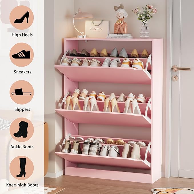 Shoe Storage Cabinet, Wood Shoe Organizer for Entryway with 3 Flip Drawers, Freestanding Shoe Rack with Adjustable Shelf, Narrow Shoe Dresser for Front Door Entrance(Pink, 47.2" x 31.5" x 9.25")