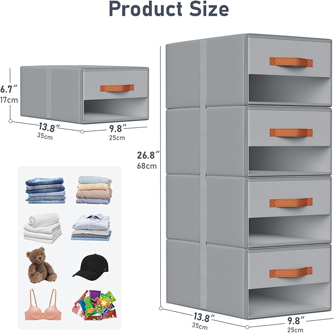 DIMJ Closet Organizers and Storage - Fabric Storage Bins with Drawers for Closet Clothes Organizers with Clear Window, Stackable Storage Drawers Units for Bedroom, Living Room, 4 Pack, Grey