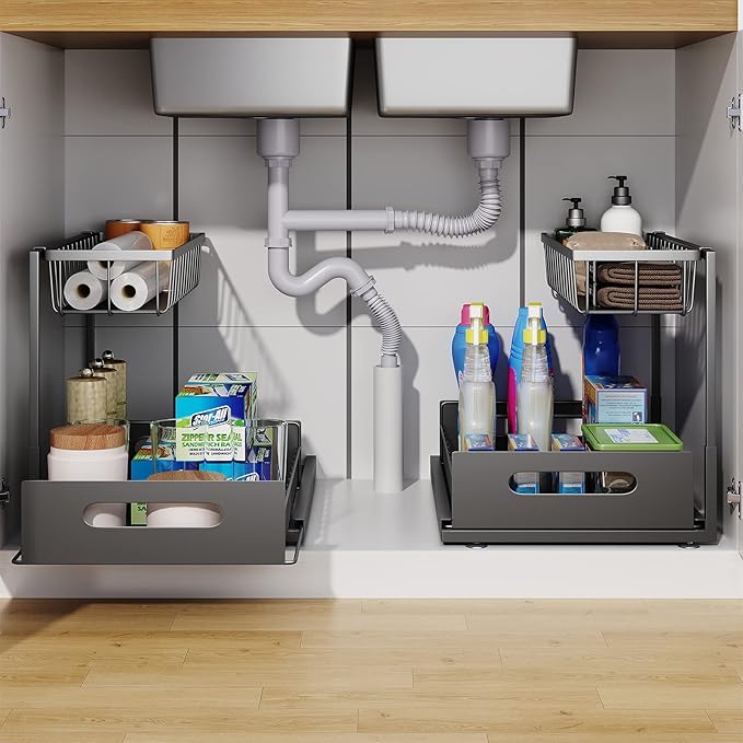 2 Pack Under Sink Organizer, 2 Tier Pull-Out Cabinet Storage Shelf, Black