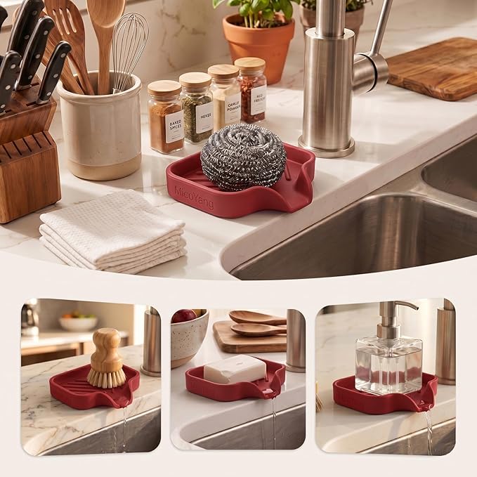 MicoYang Silicone Soap Dish with Drain Spout — Self-Draining Sink Organizer Tray for Bathroom & Kitchen, Holds Bar Soap, Sponges & Dispensers, Non-Slip & Dishwasher Safe, Red (Small, 4.9"×3.2")