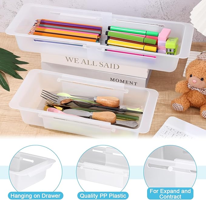 2 PCS Deep Drawer Organizer Bin Adjustable Sliding Drawer Organizers Clear