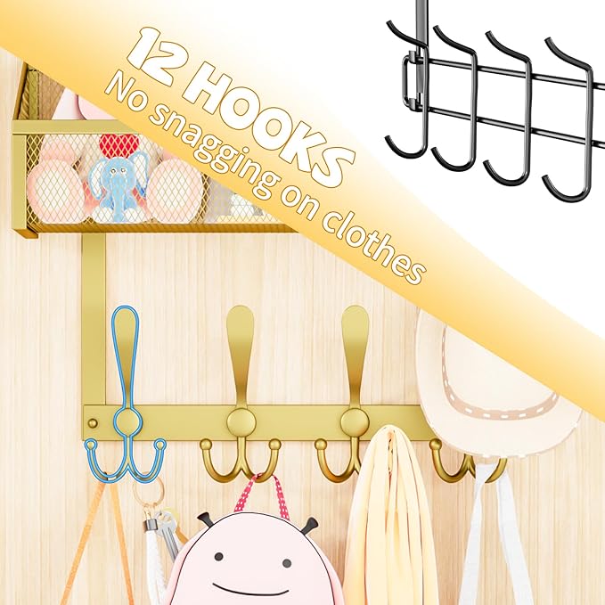Kaiferty Over The Door Hooks Organizer, Coat Rack Over The Door Storage Hanger Towel Rack, Back of Door Storage Organizer for Bathroom,Bedroom,Kitchen,Office (Gold, 2-Tier)