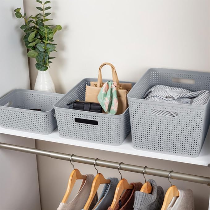 6-Pack Short Basket, Woven Plastic Storage Baskets for Organization, Cement