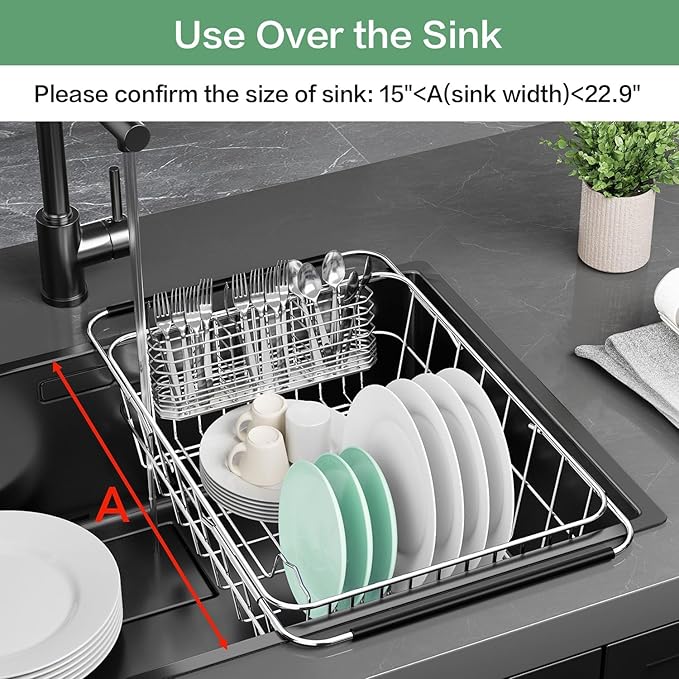 Fanbsy Large Dish Drainer Rack in Sink Adjustable, Expandable 304 Stainless Steel Metal Dish Drying Rack Organizer with Stainless Steel Utensil Holder Over Inside Sink Counter, Rustproof