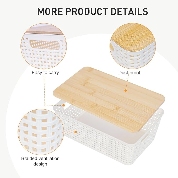 Storage Bins with Lids 8 Packs, Plastic Storage Bins with Bamboo Lids for Pantry Organization and Storage Containers for Shelves Drawers Desktop Closet Playroom Classroom Office Home, White