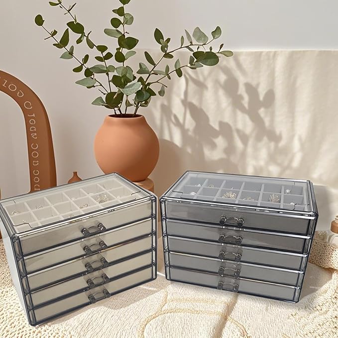 Acrylic Earring Holder Organizer with 5 Drawers Clear Earring Organizer Box with 90 Adjustable Grids Velvet Earring Display Case Jewelry Organizer for Earrings Rings Studs (Brown Beige)