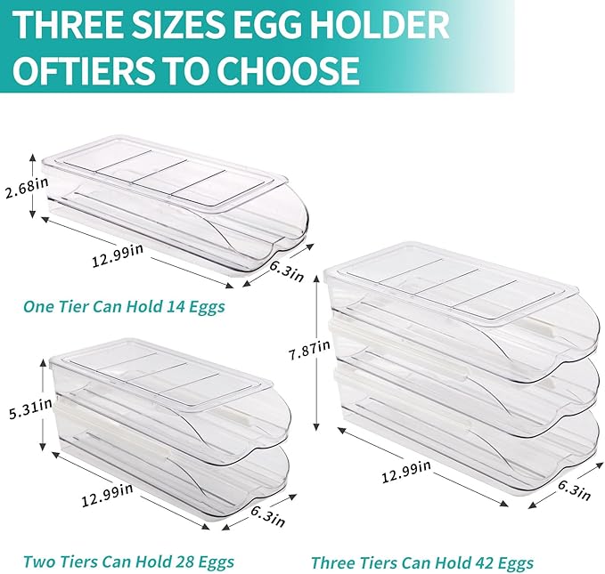 RoskDeewat Egg Holder for Fridge, Automatic Rolling Egg Container for Refrigerator, Stackable Fridge Organizers and Storage with Lid, Clear Plastic Egg Dispenser & Tray (2 Tier)