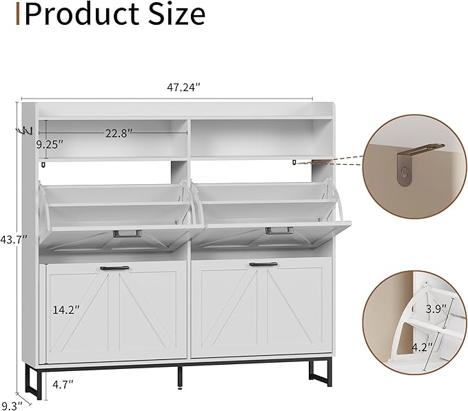 Shoe Cabinet with 4 Flip Drawers, Freestanding Hidden Shoe Storage Organizer for Entryway, Narrow Slim Shoe Rack Cabinet with Open Storage & Hooks for Front Door Entrance, Living Room, Hallway, White