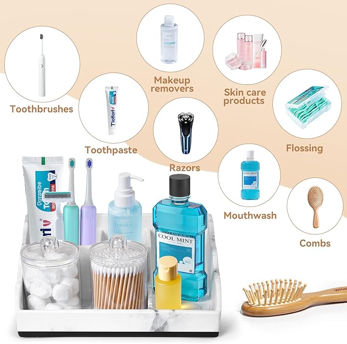 TuCao Marble Bathroom Countertop Organizer, Toothbrush Holders for Bathroom with 2PCS Qtip Holder Dispenser and Toothpaste Holder Drainage for Bathroom Accessories Organization Counter Vanity Storage