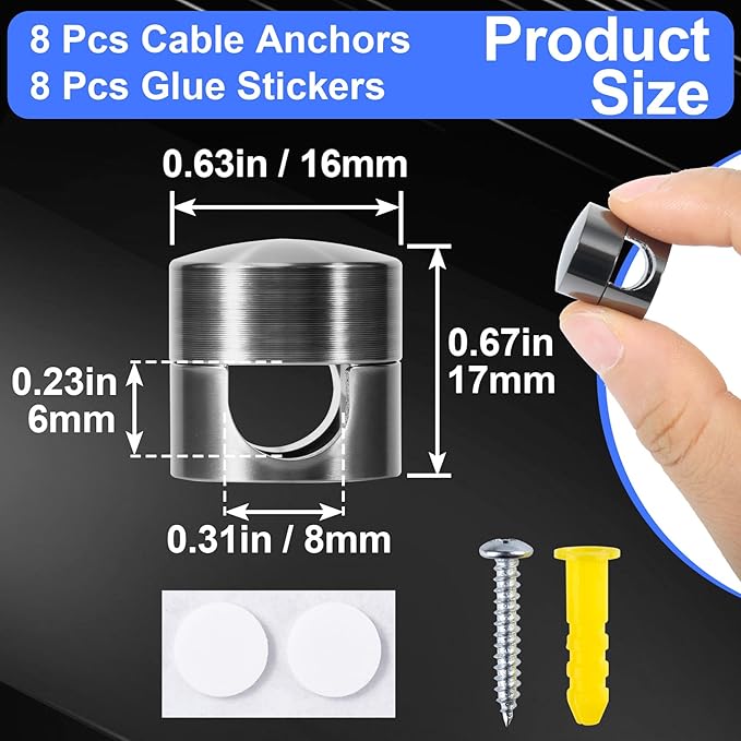 SmallCat 8 Sets Charger Holders for Cords, Black Adjustable Cable Anchor Holders, Adhesive Metal Cord Clips, Cable Management Wire Organizers for Desk, Office, Nightstand