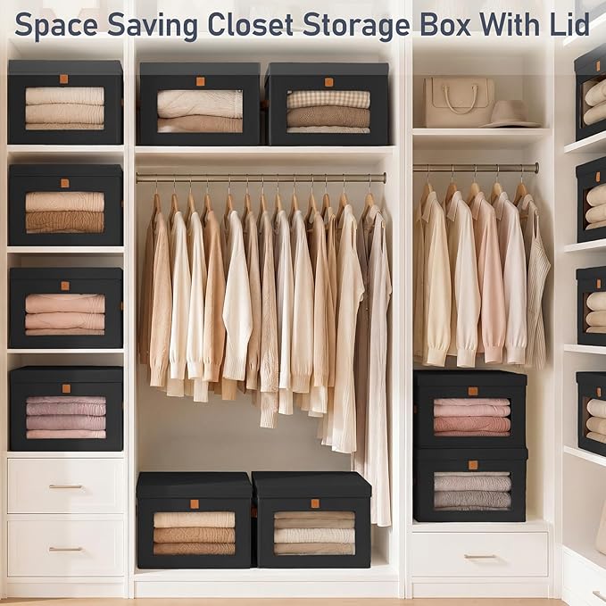 DIMJ Storage Bins with Lids - 5 Pack Front Opening Stackable Fabric Storage Boxes with Clear Window & Handles, Collapsible Closet Organizers for Clothes, Sweaters, Shelf Storage, Bedroom, Black
