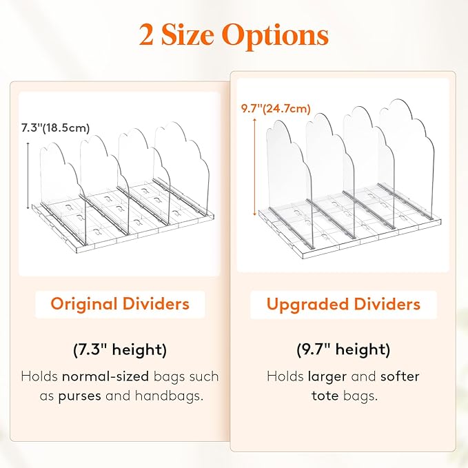 Lifewit Purse Organizer for Closet, 9.7" Tall Clear Handbags Storage Organizer, Adjustable Clutch Organizer Holder for Closet, 2 Pack Bookshelf Dividers for Sweater in Bedroom 35 x 24cm/14 × 9.5"