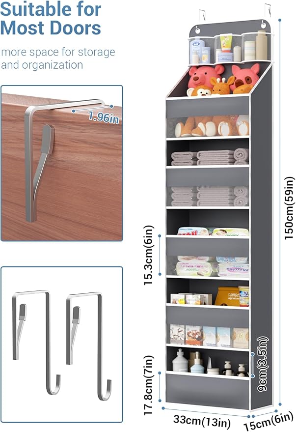 Over Door Organizer for Bedroom,Nursery,Bathroom,Dorm,Pantry, Closet - 5 Tier 44 lb Load Behind Door Storage, Back of Door Hanging Holder Bag - 1 Pack,Grey