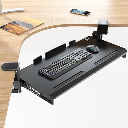 Keyboard Tray Under Desk with 60° Swivel C-Clamp & Height Adjustment for Corner