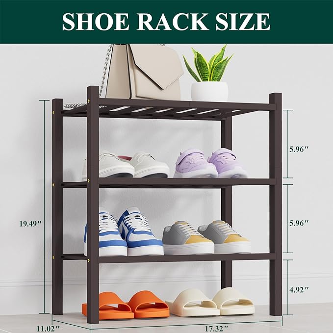 Smiry Small Bamboo Shoe Rack, 3 Tier Free Standing Wooden Shoe Organizer, Stackable Wood Shoe Storage Shelf for Closet, Entryway, 14 Vertical Slats, 2+1 Stack Heavy-Duty Legs, 17.3"x11"x19.5", Brown