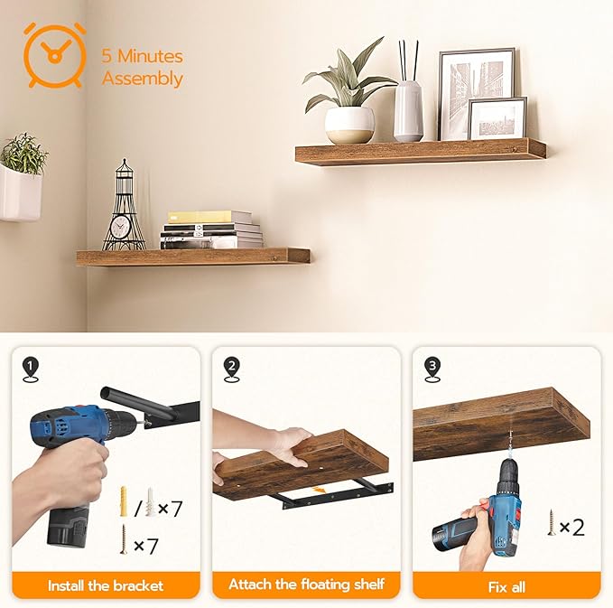 Floating Shelves for Wall, Rustic Brown BF100BJP201G2