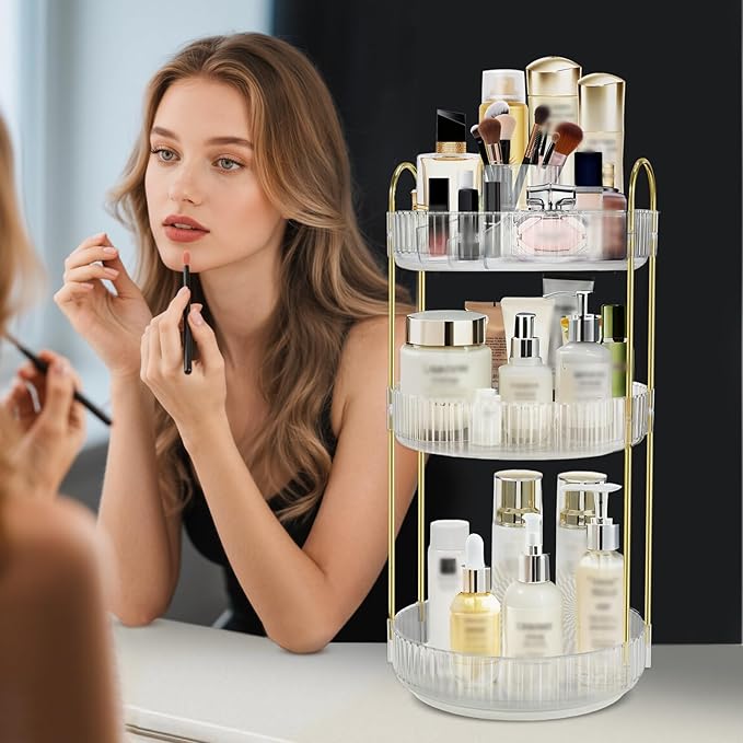 Rotating Makeup Organizer for Vanity, High-Capacity Skincare Perfume Storage