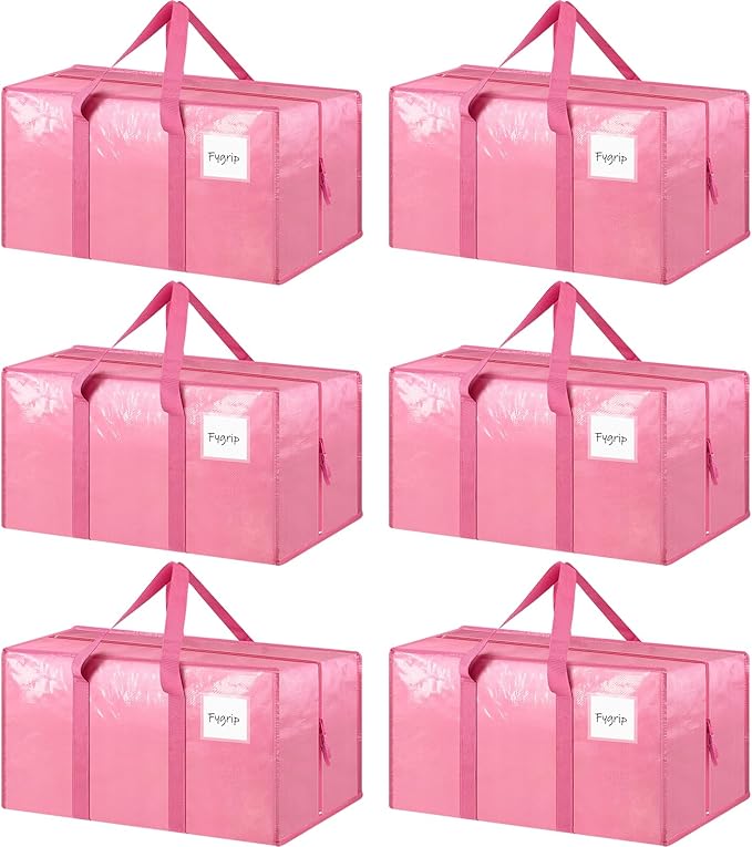 6 Pack Extra Heavy Duty Large Moving Bags with Strong Zipper & Comfortable, Pink