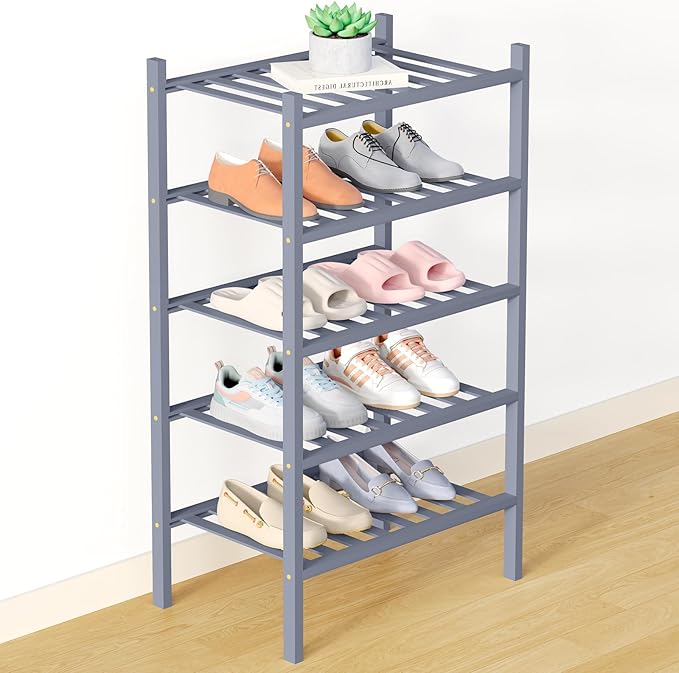 Smiry Bamboo Shoe Rack for Closet, 5 Tier Small Wooden Shoe Organizer, Stackable Wood Shoe Storage Shelf for Entryway, 14 Vertical Slats, 2+3 Stack Heavy-Duty Legs, 17.32"x11.02"x31.3", Grey