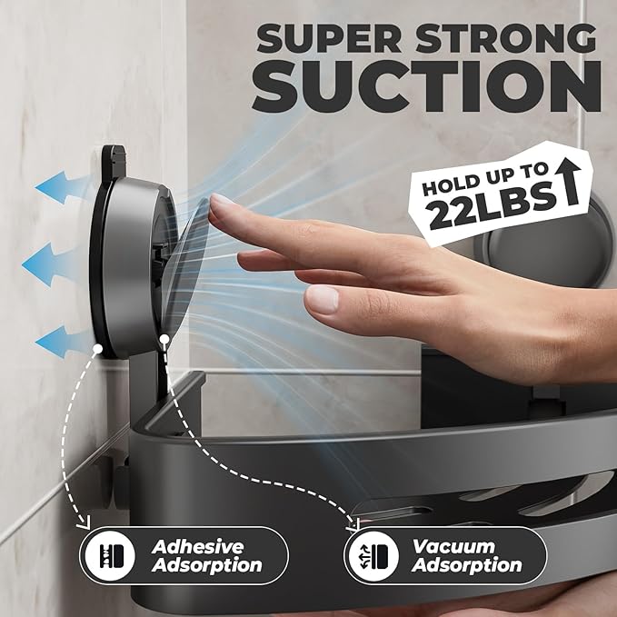 Corner Shower Caddy Suction Cup,Shower Shelves with Hooks,No Drilling Powerful Upgrade Suction Bathroom Corner Organizers and Storage,Removable Waterproof Rustproof Shower Shelf Bathroom Decor
