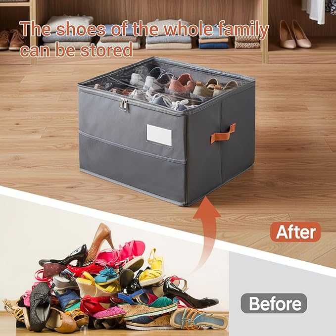 Shoe Organizer for Closet, Foldable Shoe Storage Organizer Containers with Clear Cover, Space Saving Shoes Holder with Handles, Gray (2, Large)