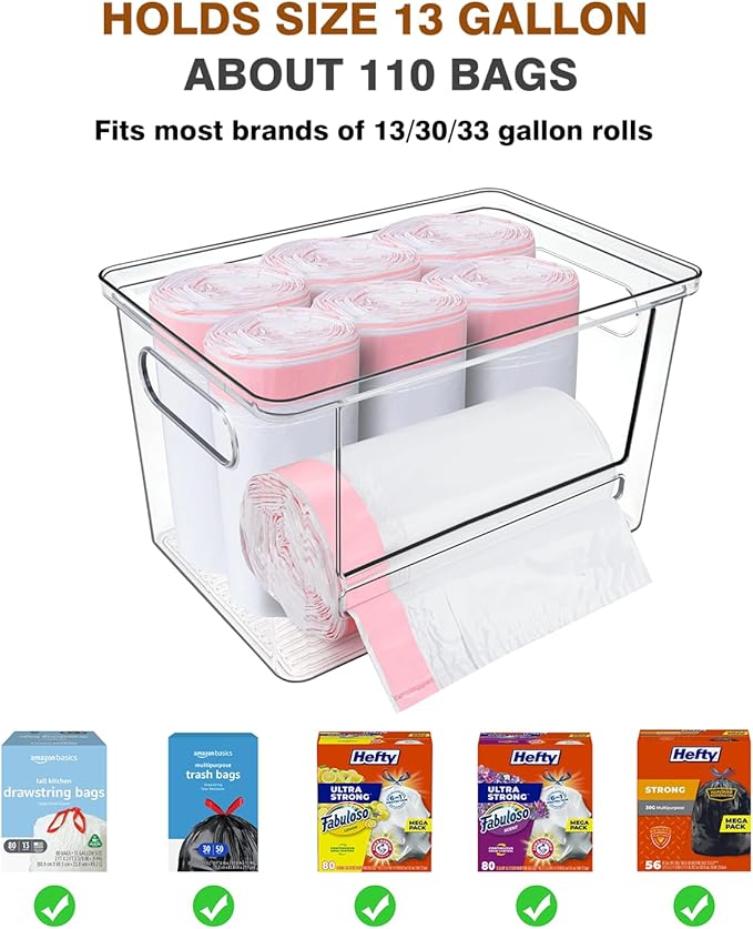 Trash Bag Dispenser 2 Pack - Under Sink Organizer, Plastic Bag Holder, Stackable Acrylic Garbage Bag Storage with Bamboo Lid for Kitchen Cabinet, 13/30/33 Gallon Grocery Bag Dispenser