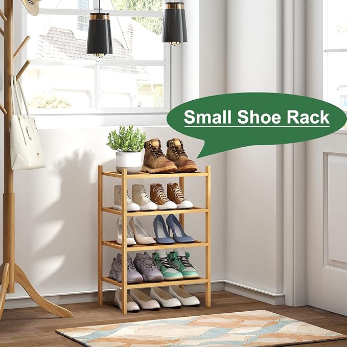 kiplant Small Shoe Rack, 4-Tier Bamboo Wood Shoe Rack for Entryway, Stackable Shoe Organizer for Hallway Closet, Free Standing Shoe Racks for Indoor & Outdoor