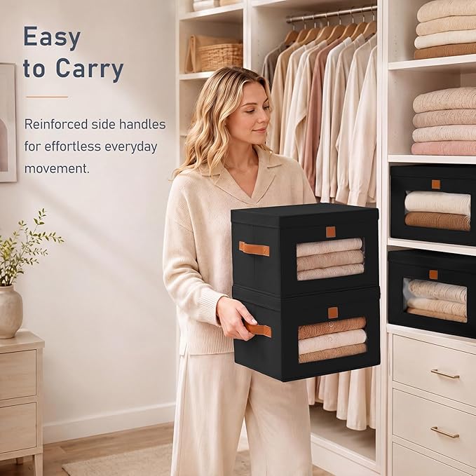 DIMJ Storage Bins with Lids - 5 Pack Front Opening Stackable Fabric Storage Boxes with Clear Window & Handles, Collapsible Closet Organizers for Clothes, Sweaters, Shelf Storage, Bedroom, Black