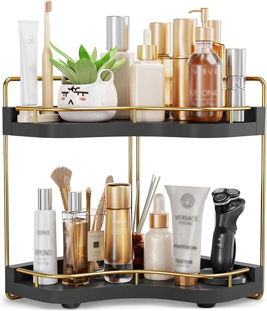 2-Tier Corner Bathroom Counter Organizer with Embedded Screw Holes, Black Gold