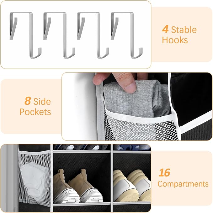 Yecaye 16-24 Pairs Over the Door Shoe Organizer, Large Capacity Hanging Shoe Rack for Door Hanger with Deep Pockets, 8 Tier Shoe Holder for Sneakers Boots Heels College Dorm Essentials, Black