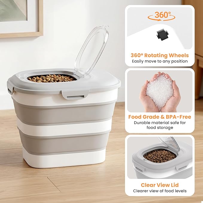 30 Lbs Dog Food Storage Container with Wheels, Collapsible Pet Food Storage Container with Clear Window, Measuring Cup & Scoop, BPA Free Cat Food Container for Rice, Flour, Grain, Bird Seed
