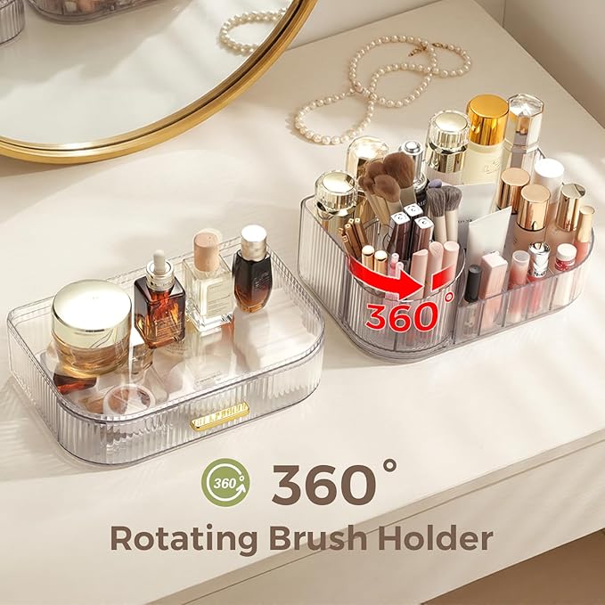 Delamu Makeup Organizer for Vanity with Stackable Drawers, 360 Rotating Makeup Brush Holder Large Cosmetic Display Case, Bathroom Skincare Storage, Crystal Clear, Ideal Gifts for Women
