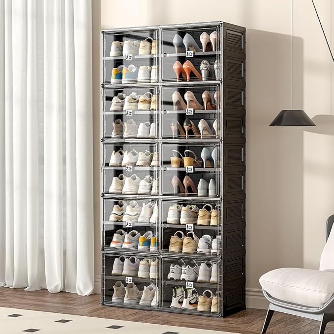 Vipbox Shoe Rack Organizer Cabinet for Closet Entryway,Clear Shoe Storage Boxes Stackable Sneaker Storage with Door Easy Assembly Black Shoe Cabinet with Lids Large 10 Tiers 40 Pairs