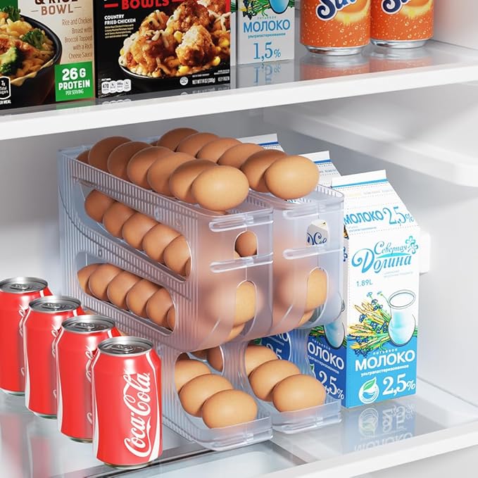 Sotfamily Egg Holder for Fridge, Auto Rolling Egg Dispenser for Refrigerator, Kitchen - Space-saving Egg Roller/Organizer/Storage/Container/Tray - 1 Pack for 28 Large Size Eggs(Frosted Clear)