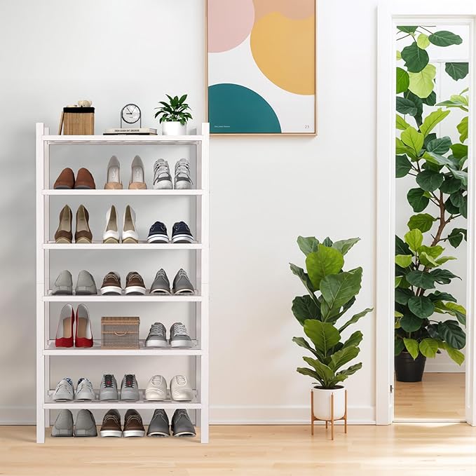 Haddockway Small 6 Tier Bamboo Shoe Rack Storage Organizer,Multifunctional Free Standing Stackable Shoe Shelf with Grid Panel for Closet,Hallway,Entryway,Small Space 18"x11"x34"