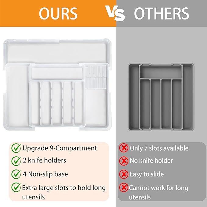 Homecor Silverware Organizer for Kitchen Drawer, Expandable Utensil Drawer Organizer with 2 Knife Block, Flatware and Cutlery Holder, Adjustable Plastic Storage for Spoons Forks Knives