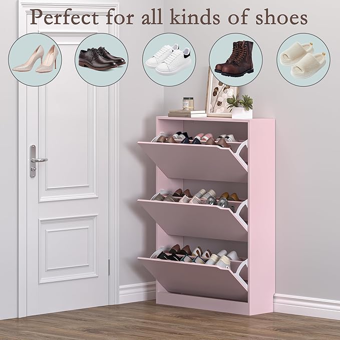 Shoe Cabinet with 3 Flip Drawers, Hidden Wood Shoe Cabinet, Pink