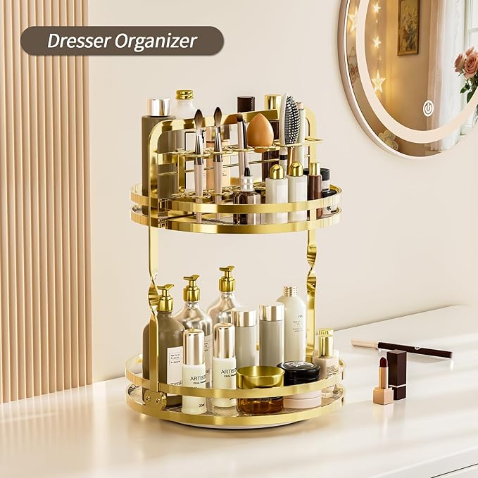 360° Rotating Makeup Organizer, 2-Tier Gold Perfume Organizer for Dresser, Bathroom Organizers Countertop, Perfume Shelf with Makeup Brush Holder, Skincare Holder Cosmetic Display(Gold)